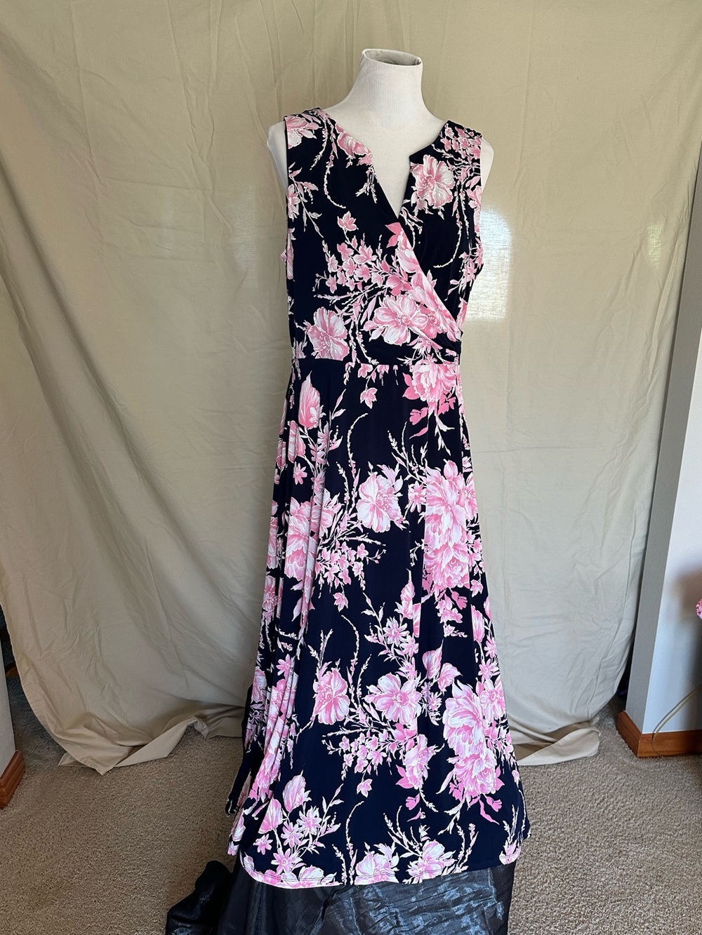 Studio One Navy Maxi Dress with Pink Floral Print XL sleeveless wrap style NY